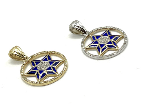14K Gold & Diamond With Blue Enamel Star of David Round Necklace